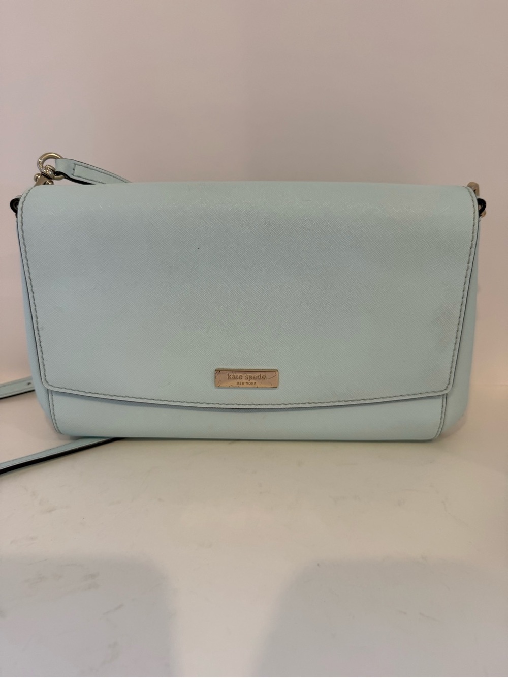 Kate Spade Laurel Way Greer Crossbody Clutch Mint Blue Leather EUC